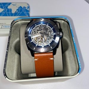 Fossil mens brown leather watch with blue accents